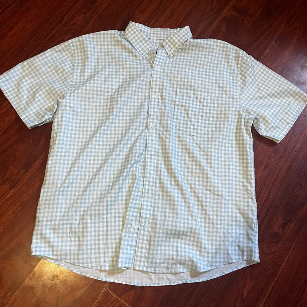 Huk Light Blue and White Checkered Short Sleeve Shirt